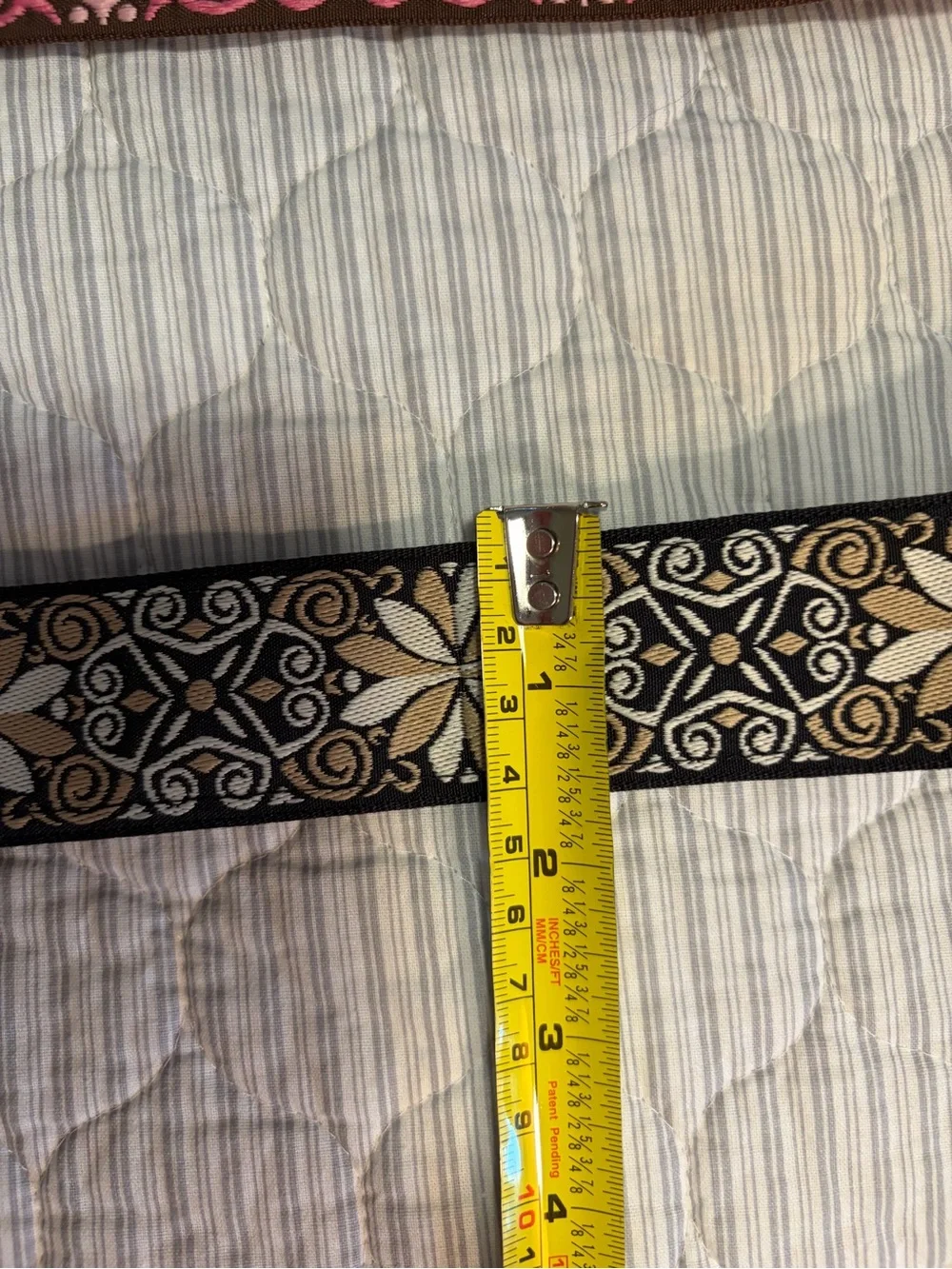 Handmade reversible ribbon belt with black & beige scroll and velvety black